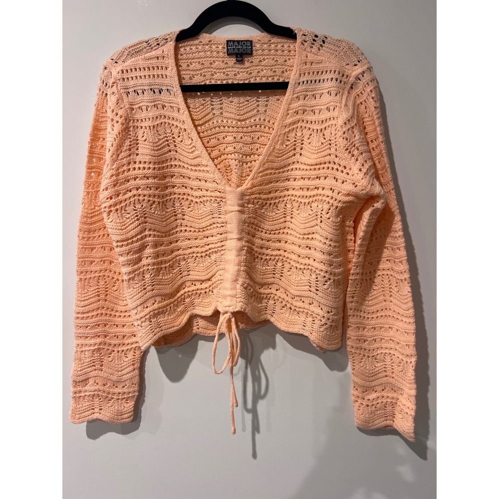 Lulus Major Label Group Crochet Knit V Neck Tie Front‎ Cropped Sweater L Peach